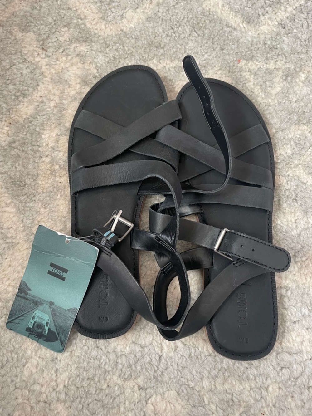 Toms Black Strappy Men's Leather Sandals with Buckle